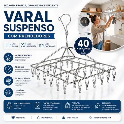 Varal Inox Suspenso 40 Prendedores Fixos Para Secagem Roupas
