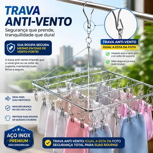 Varal Inox Suspenso 40 Prendedores Fixos Para Secagem Roupas