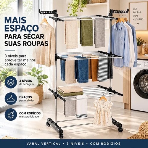 Varal vertical de chao 3 niveis com rodizios e bracos para c