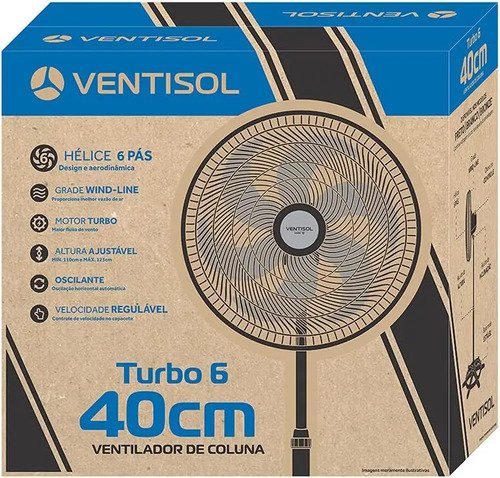 Ventilado De Coluna Turbo 6 Pás 40cm Preto Ventisol Diâmetro 40 Cm Frequência 80 Watts