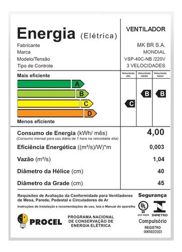 Ventilador de Coluna 40cm Super Power VSP40C 6 Pás 3 Velocidades Mondial 127v
