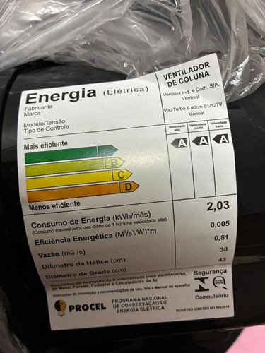 Ventilador de Coluna 40cm Ventisol Turbo 6 Pás Oscilante e Altura ajustável Cor Preto