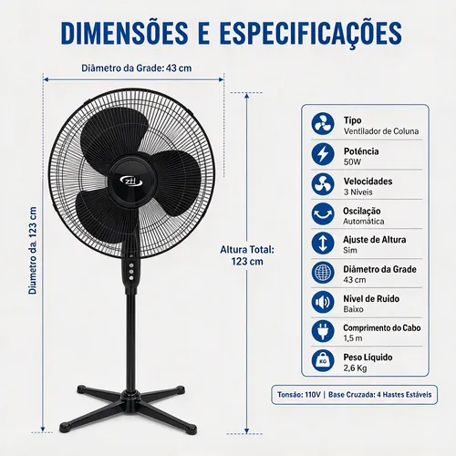 Ventilador De Coluna Turbo Silencioso Baixo Consumo 110v