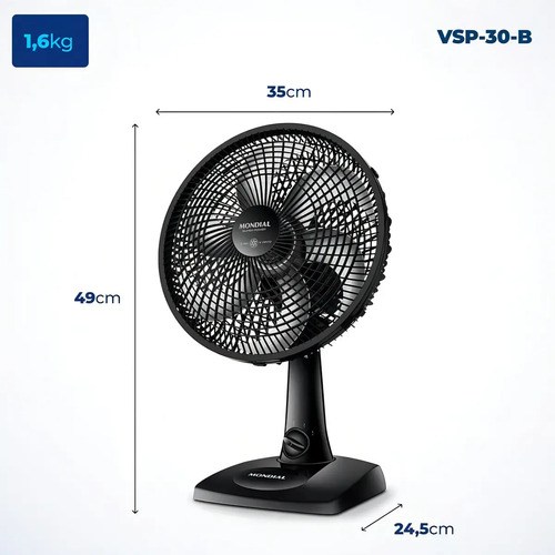 Ventilador De Mesa 30cm 6 Pas 3vel Ultra Vento Forte Mondial Estrutura Preto Pás Prata Diâmetro 30 cm Material das pás Plástico