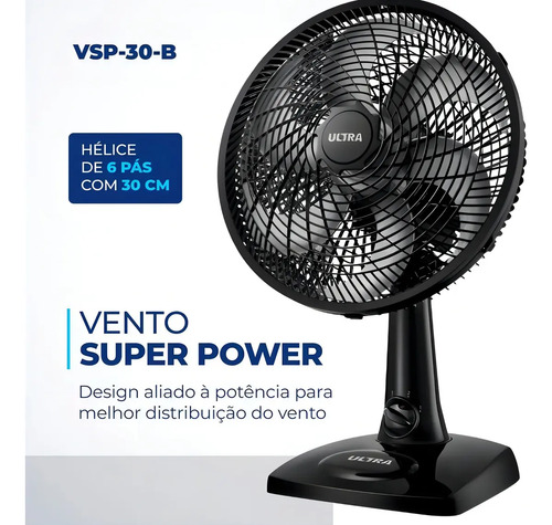 Ventilador De Mesa 30cm 6 Pas 3vel Ultra Vento Forte Mondial Estrutura Preto Pás Prata Diâmetro 30 cm Material das pás Plástico
