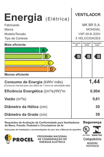 Ventilador de Mesa 30cm Super Power Mondial 60W VSP-30-B