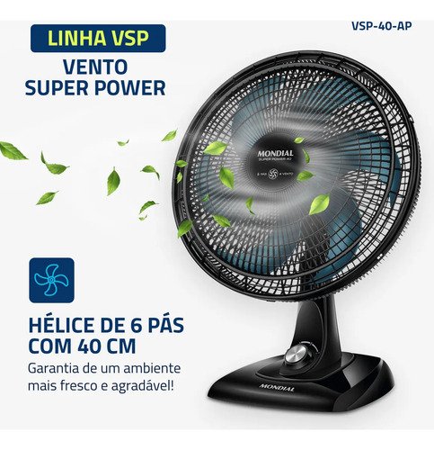 Ventilador De Mesa Mondial 6 Pás 140w Vsp-40-ap Preto - Pás Azul Diâmetro 40 cm
