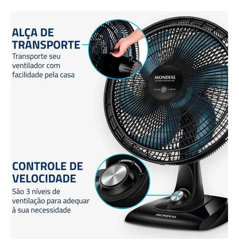 Ventilador De Mesa Mondial 6 Pás 140w Vsp-40-ap Preto - Pás Azul Diâmetro 40 cm