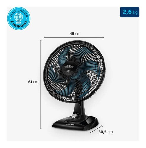 Ventilador De Mesa Mondial 6 Pás 140w Vsp-40-ap Preto - Pás Azul Diâmetro 40 cm