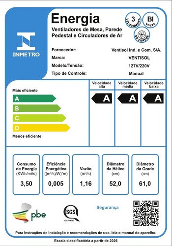 Ventilador De Parede 60cm, Preto, Ventisol Bivolt