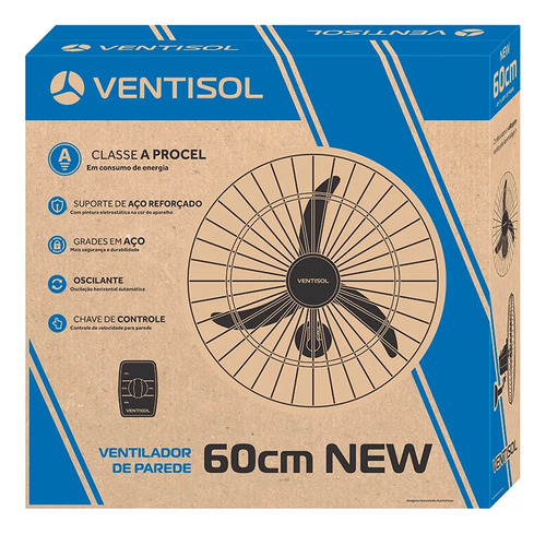 Ventilador de parede Ventisol New 60cm com 3 pás de Plástico preto estrutura new cromado, 60cm de diâmetro