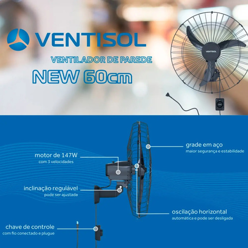 Ventilador de parede Ventisol New 60cm com 3 pás de Plástico preto estrutura new cromado, 60cm de diâmetro