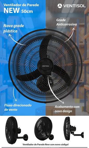 Ventilador De Parede Ventisol New Azul 3 Velocidades Estrutura Preto Diâmetro 50 Cm Material Das Pás Plástico 127