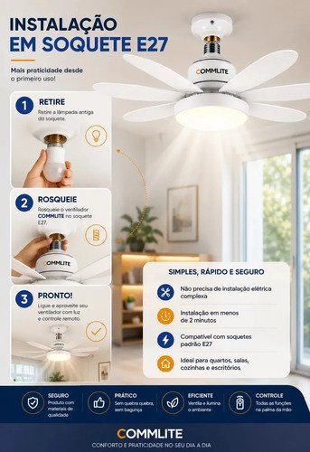 Ventilador de Teto 60W Silencioso Lâmpada Forte com LED, Controle e 6 Pás Soquete E27 Para Residencial Comercial Interno Externo Quarto Sala Cozinha Escritório Gourmet Apartamento Casa - Commlite