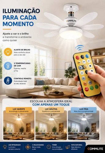 Ventilador de Teto 60W Silencioso Lâmpada Forte com LED, Controle e 6 Pás Soquete E27 Para Residencial Comercial Interno Externo Quarto Sala Cozinha Escritório Gourmet Apartamento Casa - Commlite