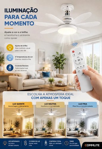 Ventilador de Teto 60W Silencioso Lâmpada Forte com LED, Controle e 6 Pás Soquete E27 Para Residencial Comercial Interno Externo Quarto Sala Cozinha Escritório Gourmet Apartamento Casa - Commlite