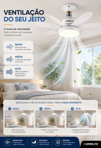 Ventilador de Teto 60W Silencioso Lâmpada Forte com LED, Controle e 6 Pás Soquete E27 Para Residencial Comercial Interno Externo Quarto Sala Cozinha Escritório Gourmet Apartamento Casa - Commlite