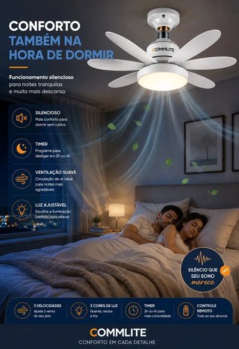 Ventilador de Teto 60W Silencioso Lâmpada Forte com LED, Controle e 6 Pás Soquete E27 Para Residencial Comercial Interno Externo Quarto Sala Cozinha Escritório Gourmet Apartamento Casa - Commlite