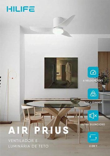 Ventilador De Teto Com Luz Led Silencioso Controle Remoto 86 Cm 50hz/60hz Branco Abs 3