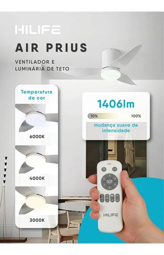 Ventilador De Teto Com Luz Led Silencioso Controle Remoto 86 Cm 50hz/60hz Branco Abs 3