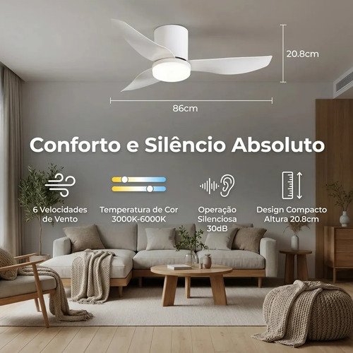 Ventilador De Teto Com Luz Led Silencioso Controle Remoto 86 Cm 50hz/60hz Branco Abs 3