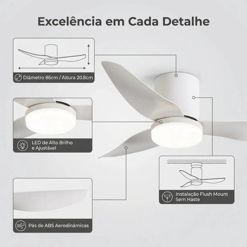 Ventilador De Teto Com Luz Led Silencioso Controle Remoto 86 Cm 50hz/60hz Branco Abs 3