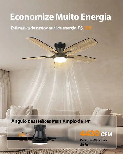 Ventilador de Teto FANSVENTO 42" Com Luz LED e Controle, 5 Pás Reversíveis Silencioso