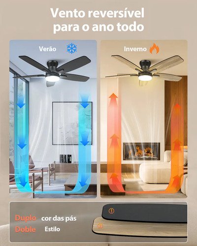 Ventilador de Teto FANSVENTO 42" Com Luz LED e Controle, 5 Pás Reversíveis Silencioso