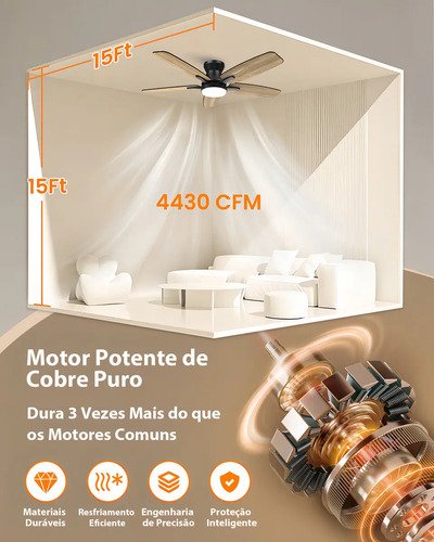 Ventilador de Teto FANSVENTO 42" Com Luz LED e Controle, 5 Pás Reversíveis Silencioso