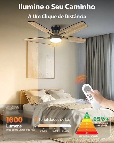 Ventilador de Teto FANSVENTO 42" Com Luz LED e Controle, 5 Pás Reversíveis Silencioso