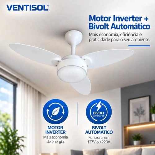 Ventilador De Teto Inverter Elluz 3 Pás Branco E Cinza Com Controle Remoto Ventisol