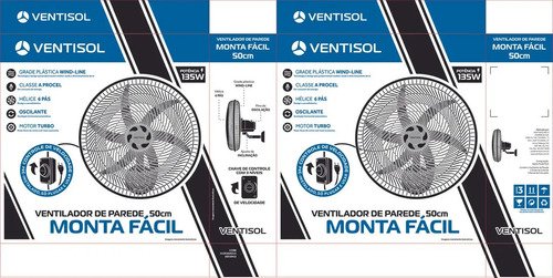 Ventilador Parede 50cm 6Pás Monta Fácil Preto Ventisol