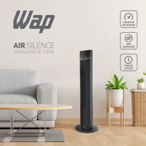 Ventilador Torre AIR SILENCE WAP Silencioso Oscilante com Controle Remoto 4 Velocidades e Desligamento Automático