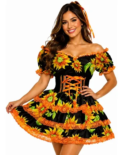 Vestido caipira adulto xadrez luxo acinturado com espartilho