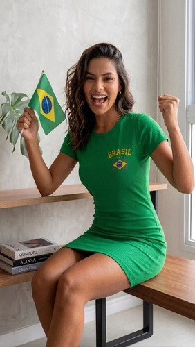 Vestido curto estampa brasil feminino manga curta