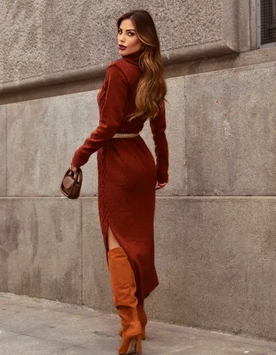 Vestido De Lã Inverno Midi Tricot Manga Longa Moda Premium