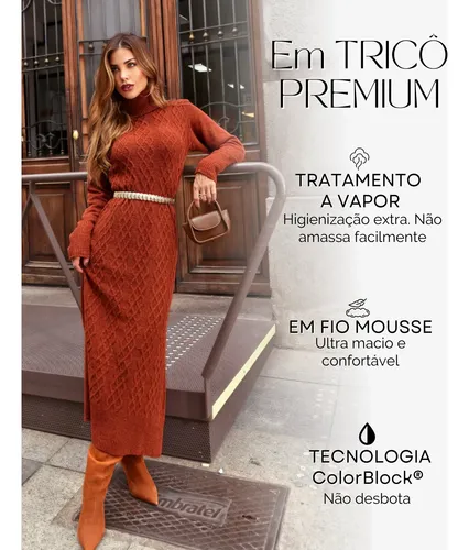 Vestido De Lã Inverno Midi Tricot Manga Longa Moda Premium