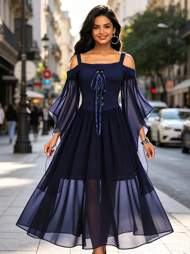 Vestido longo ombro a ombro com manga flare