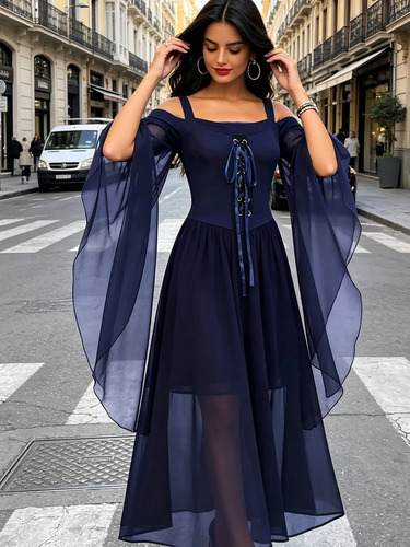 Vestido Longo Ombro A Ombro Com Manga Flare