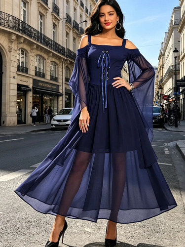 Vestido Longo Ombro A Ombro Com Manga Flare