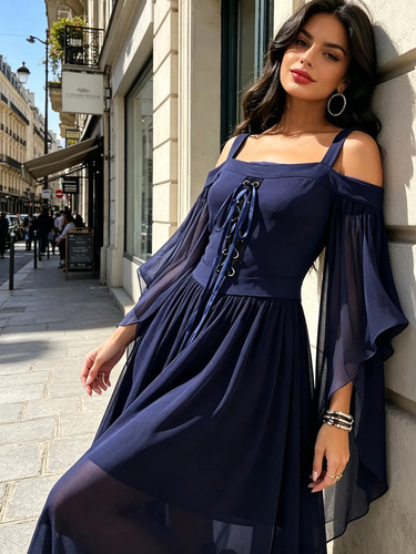 Vestido Longo Ombro A Ombro Com Manga Flare