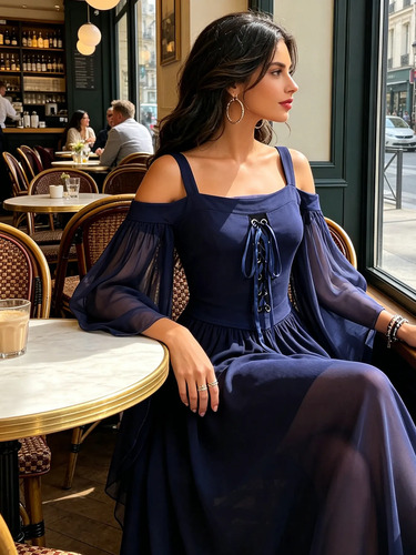 Vestido Longo Ombro A Ombro Com Manga Flare