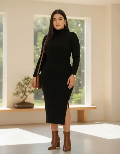 Vestido manga longa midi gola alta fenda lateral premium