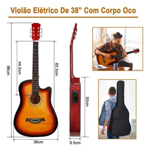 Violão Eletroacústico para Iniciante Destro com 6 Cordas e Acessórios