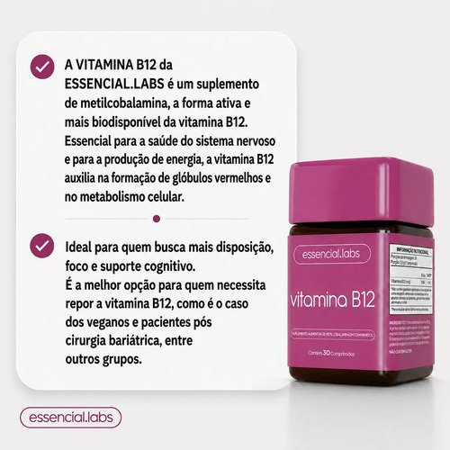 VITAMINA B12 Metilcobalamina - Fórmula com Máxima Pureza e Concentração - 30 Doses