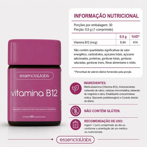 VITAMINA B12 Metilcobalamina - Fórmula com Máxima Pureza e Concentração - 30 Doses