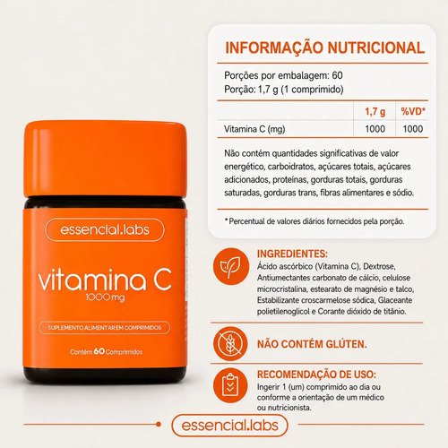 VITAMINA C 1000mg - Fórmula Concentrada e 100% PURA - 60 Doses