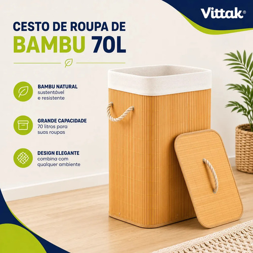Vittak cesto de roupa bambu 72 litros dobravel retangular co