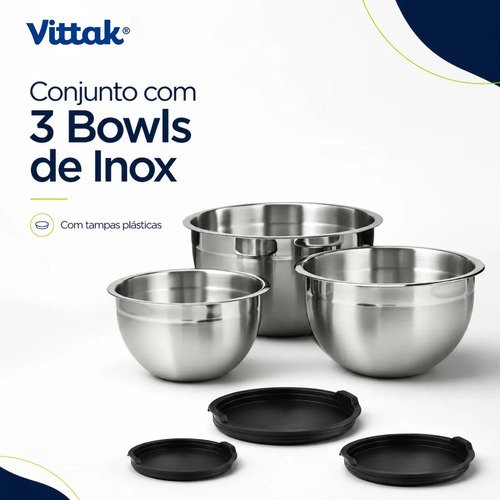 Vittak conjunto 3 bowls de inox com tampas plasticas utensil