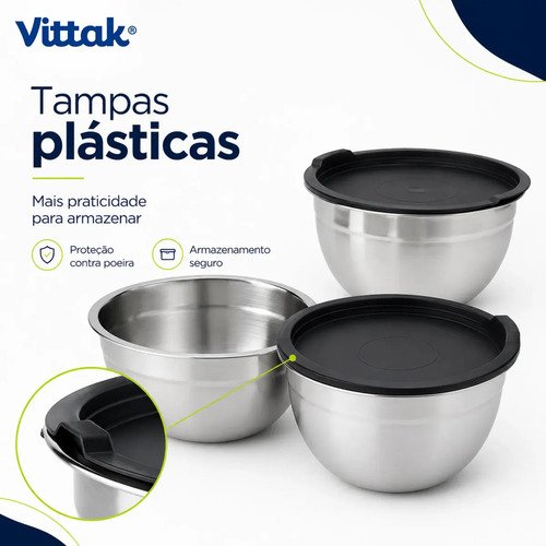 Vittak Conjunto 3 Bowls de Inox com Tampas Plásticas Utensílios de Cozinha Tamanhos Variados